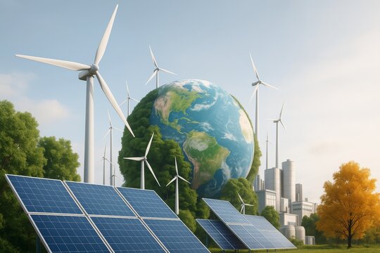 Solar panels and wind turbines with Earth in background symbolize eco-friendly green energy and environmental sustainability concept illustration. Ai generative - Powered by Adobe