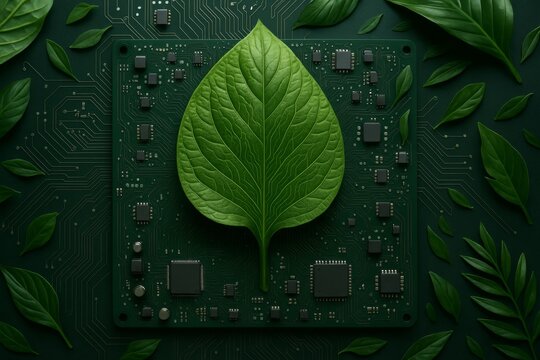 Large green leaf on a circuit board symbolizing eco friendly green technology and energy concept with nature elements on dark background. Ai generative. Ai generative - Powered by Adobe