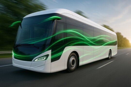 Futuristic electric bus with glowing green energy lines driving on road at sunrise, symbolizing eco friendly transportation and clean energy concept. Ai generative