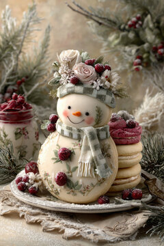 Charming snowman cookie with floral hat and scarf on festive plate with raspberry macarons, surrounded by winter greenery and holiday decor
