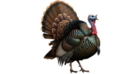 Majestic male wild turkey displaying its impressive fanned tail feathers against a dark background