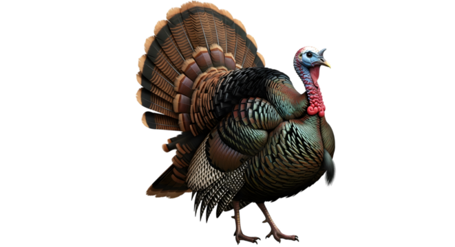 Majestic male wild turkey displaying its impressive fanned tail feathers against a dark background