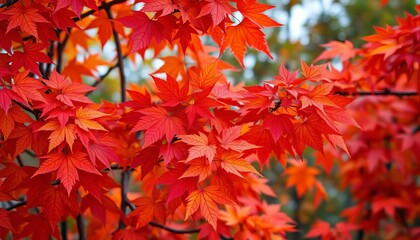 Crisp autumn leaves in vibrant reds, oranges, and yellows, forming a natural background, foliage, woodland