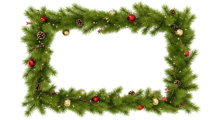 Festive christmas garland frame made of evergreen branches adorned with red baubles and golden ornaments on black background