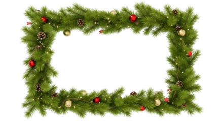 Festive christmas garland frame made of evergreen branches adorned with red baubles and golden ornaments on black background