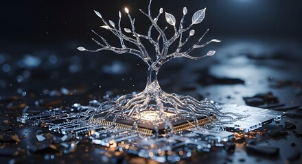 A detailed close-up of a metallic tree sculpture with circuit board roots, symbolizing technology and innovation, illuminated against a dark background with bokeh effects