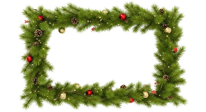 Festive christmas garland frame made of evergreen branches adorned with red baubles and golden ornaments on black background