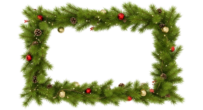 Festive christmas garland frame made of evergreen branches adorned with red baubles and golden ornaments on black background