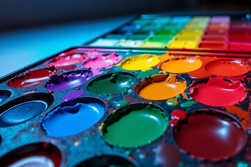 close-up of a watercolor paint palette, featuring a vibrant rainbow of colors and lit by artistic blue and red studio lights