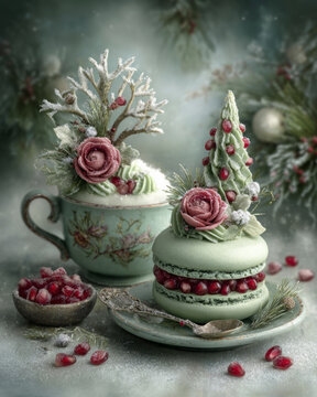 Elegant Christmas dessert with green macaron shaped like tree, floral frosting, and pomegranate seeds beside vintage teacup and festive winter decor
