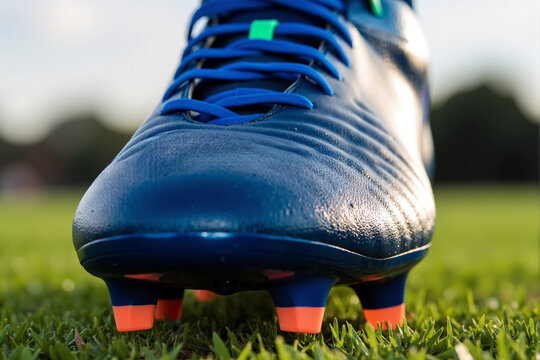 close-up of a blue soccer cleat with orange studs, resting on a vibrant green grass field before a game