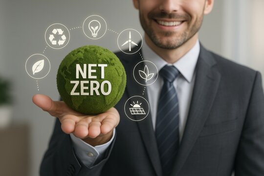 Businessman holding green moss globe with “Net Zero” text and eco-friendly energy icons around, promoting sustainable environment concept.. Ai generative