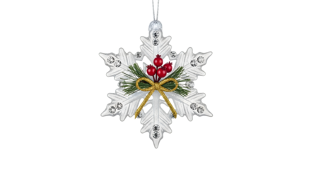 Elegant clear snowflake christmas ornament with red berries and green pine needles