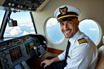 Confident male pilot in a crisp uniform and cap, smiling at the camera from the cockpit of a modern aircraft, representing a professional career in aviation, global travel, and expertise