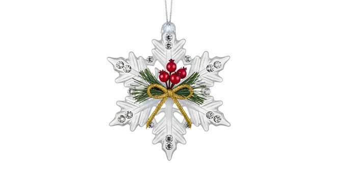 Elegant clear snowflake christmas ornament with red berries and green pine needles - Powered by Adobe