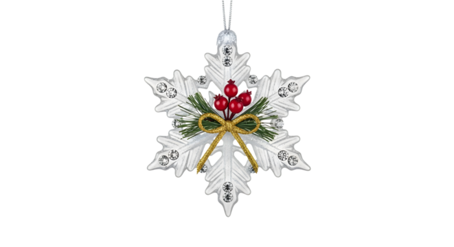 Elegant clear snowflake christmas ornament with red berries and green pine needles