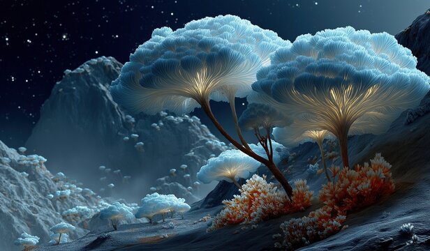 A fantasy landscape of an alien planet with glowing blue mushroom trees and white spores on the mountainside at night creating a mystical scene.