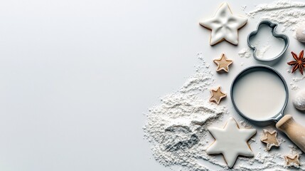 A flat lay composition of Christmas baking elements including star-shaped cookies, flour, cookie cutters, and a rolling pin on a white surface.