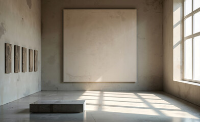 Minimal art gallery interior with large blank canvas, sunlight through window, and concrete floor creating modern serene background.
