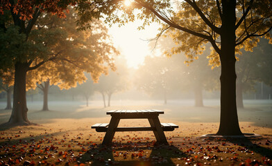 Peaceful autumn park with wooden picnic table under trees and warm sunrise light, fallen leaves on the ground, serene background.