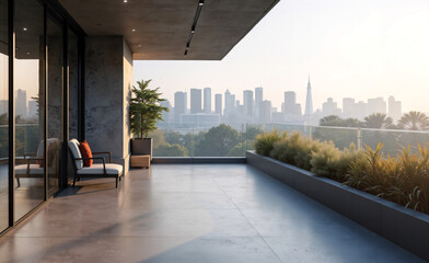 Modern balcony with city skyline view, glass railing, and outdoor furniture at sunrise, minimalist urban background.