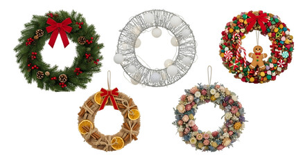 Collection of five unique handmade christmas wreaths displayed against a dark background