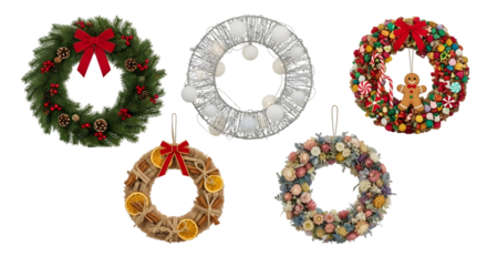 Collection of five unique handmade christmas wreaths displayed against a dark background