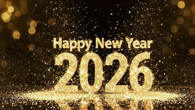 Elegant Happy New Year 2026 greeting card with golden glitter