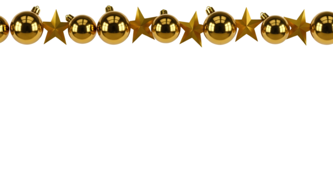 Golden christmas baubles and stars garland decoration against a black background