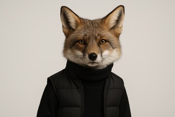 Stylish Anthropomorphic Red Fox Wearing a Black Puffer Vest and Turtleneck Sweater Portrait