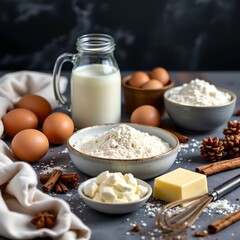Fototapeta premium Baking ingredients composition: eggs, milk, butter, flour, cinnamon, nutmeg, and whisk, cozy holiday color palette