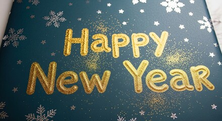 Sparkling Golden Happy New Year Greeting Card with Snowflakes