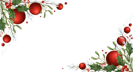 Festive christmas corner decorations with red baubles and greenery on a black background