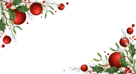 Festive christmas corner decorations with red baubles and greenery on a black background