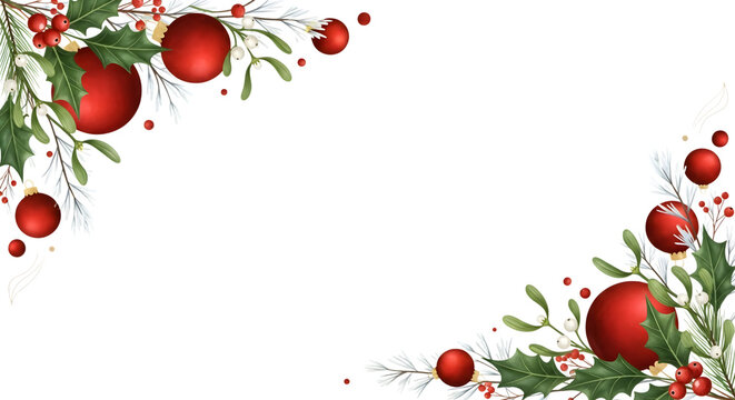 Festive christmas corner decorations with red baubles and greenery on a black background