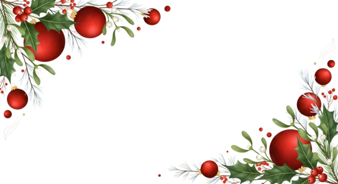Festive christmas corner decorations with red baubles and greenery on a black background