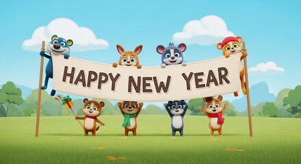 Happy New Year Festive Celebration With Cute Animals