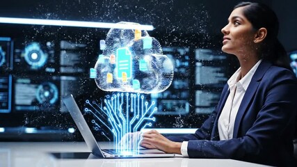Professional using laptop with cloud computing graphics. - Powered by Adobe