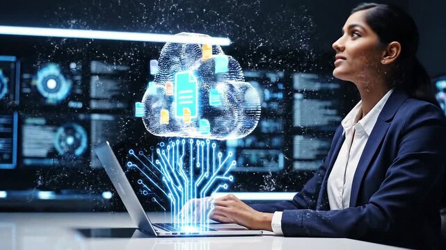 Professional using laptop with cloud computing graphics. - Powered by Adobe
