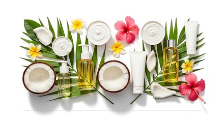 Luxury coconut oil skincare products with tropical flowers for radiant skin, featuring elegant spa essentials and natural wellness for a vibrant, healthy glow