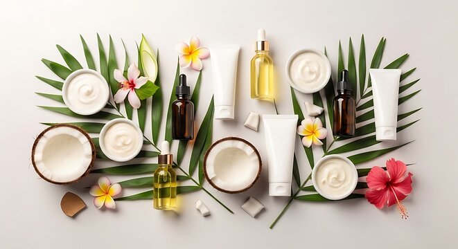 Luxurious coconut skincare products for radiant skin and a tropical spa feeling, ideal for beauty blogs and wellness promotions in a serene, natural setting