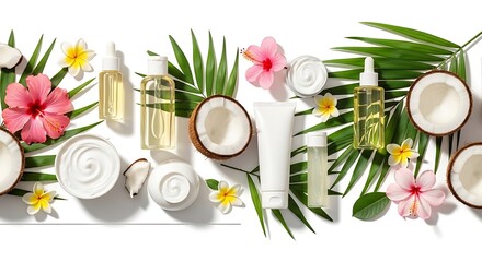 Luxurious coconut oil skincare products and tropical flowers for a spa day retreat, bring the vacation home with this stunning tropical beauty arrangement