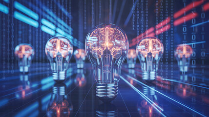 Glowing lightbulbs with brains inside on digital background idea technology
