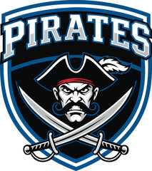 Obraz premium This striking Pirates emblem design features a fierce pirate with an iconic hat and dual swords, encapsulating the adventurous spirit of the high seas. The bold typography proclaims 