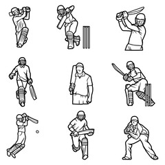 Outline Set of Cricket Players in Batting Action