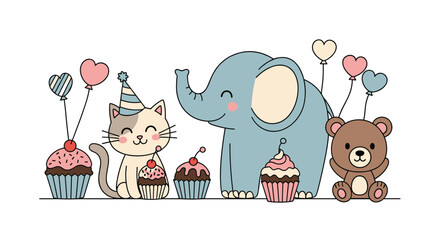 A charming illustration depicts a cheerful birthday celebration with a cute cat, elephant, and teddy bear enjoying cupcakes and balloons.