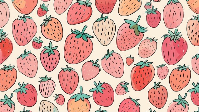 A vibrant pattern featuring various hand-drawn strawberries on a light background, suitable for food-related designs and summer themes.