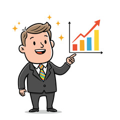 Happy cartoon businessman points to a rising bar chart showing success and growth, isolated on white.