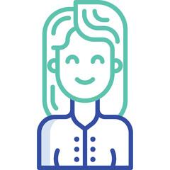 Stylized flat illustration of a smiling woman with teal hair and a blue collar shirt against a transparent background
