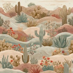 Vintage Desert Landscape Illustration with Cactus and Succulents – Hand-Drawn Botanical Art